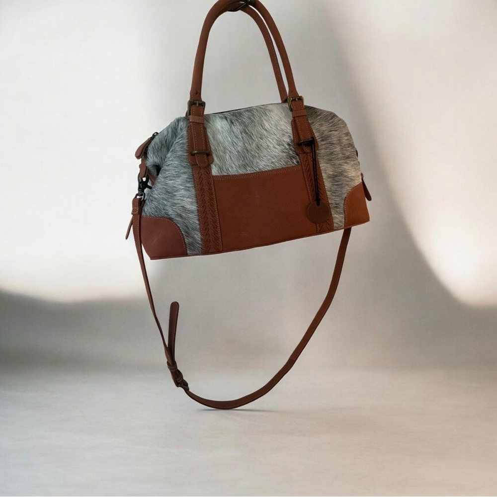 CowHide Brown accent handles and  Gray/White Satchel Handbag